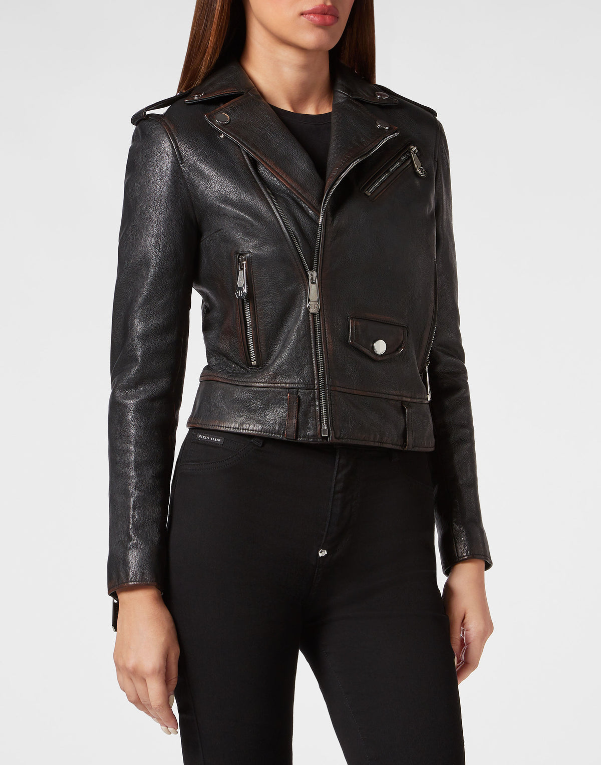 Philipp Plein｜Vintage Leather Boxy Biker 女款皮外套