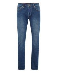 Philipp Plein Denim Super Straight Cut Hexagon 中藍水洗直筒牛仔褲 男款正面 尺寸32
