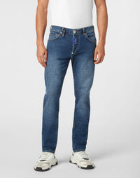 Philipp Plein Denim Super Straight Cut Hexagon 中藍水洗直筒牛仔褲 男款正面 尺寸32