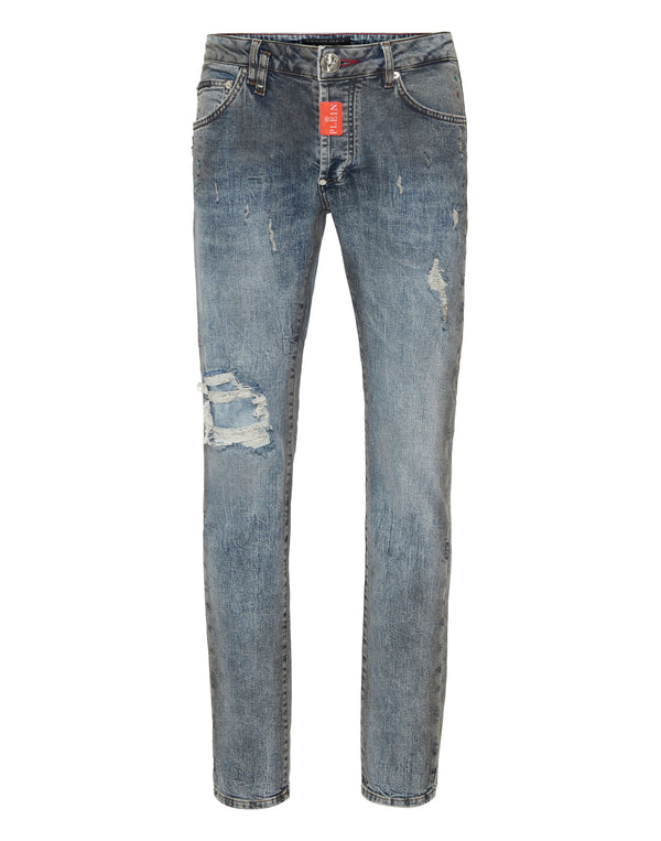 Philipp Plein Denim Super Straight Hexagon 灰藍重度刷舊膝蓋破損直筒牛仔褲 男款正面
