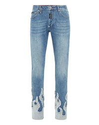 Philipp Plein Denim Super Straight Flame 淺藍褲管白色火焰貼片直筒牛仔褲 男款正面