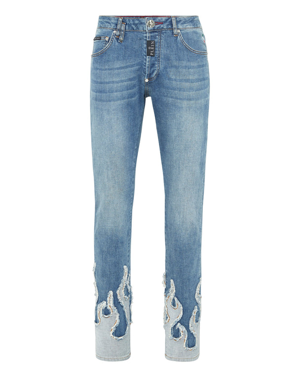 Philipp Plein Denim Super Straight Flame 淺藍褲管白色火焰貼片直筒牛仔褲 男款正面