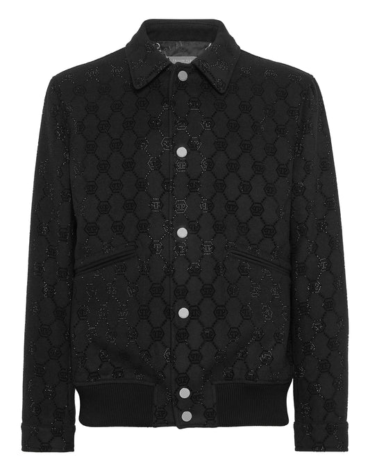 Philipp Plein Wool Bomber Monogram 全黑羊毛提花夾克 男款正面