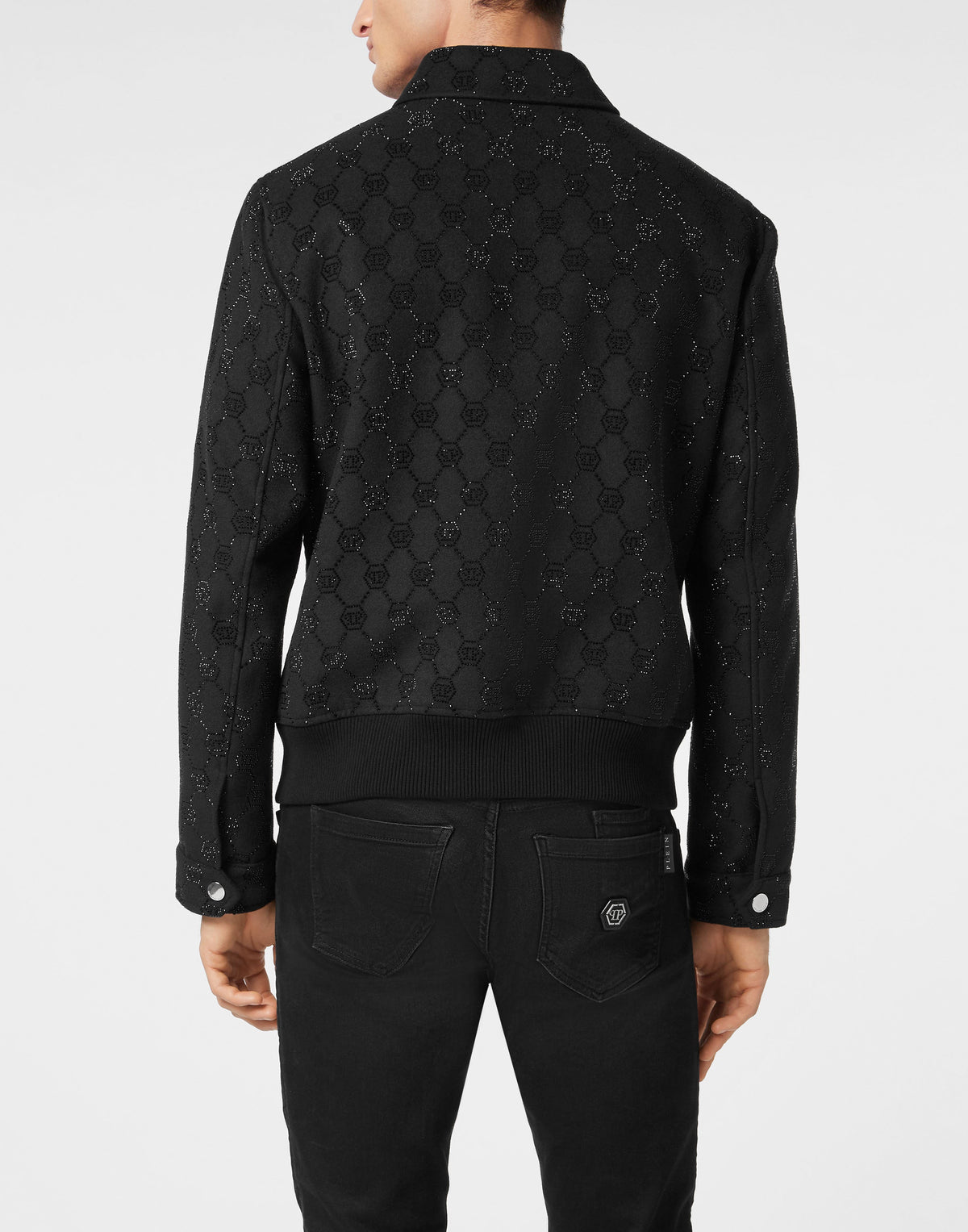 Philipp Plein 男款羊毛炸彈夾克背面 Monogram 暗紋展示
