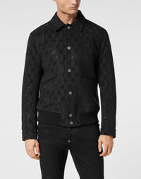 Philipp Plein Wool Bomber 滿版PP Monogram菱形提花暗紋細節特寫