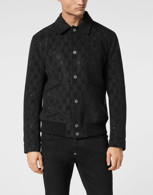 Philipp Plein Wool Bomber 滿版PP Monogram菱形提花暗紋細節特寫