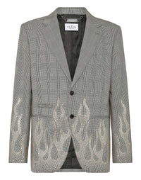 Philipp Plein English Check Blazer Strass Flame 灰色格紋水鑽火焰西裝外套 男款正面