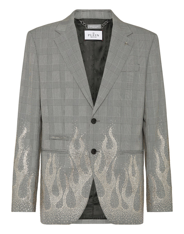 Philipp Plein English Check Blazer Strass Flame 灰色格紋水鑽火焰西裝外套 男款正面