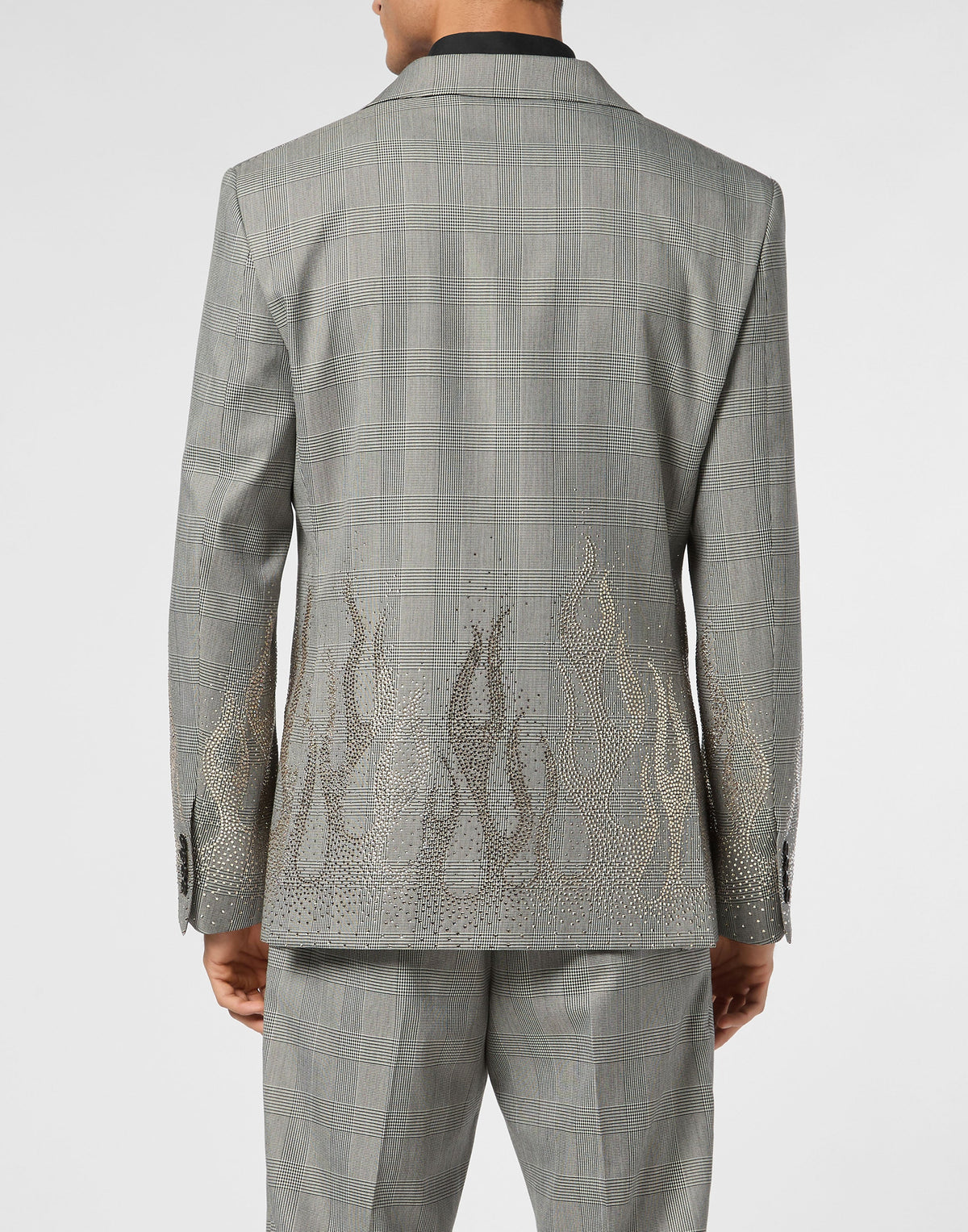 Philipp Plein English Check Blazer 袖口水鑽火焰圖案工藝展示