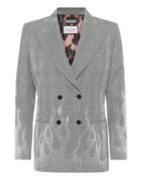 Philipp Plein Checkered Gold Fit Blazer Flame 灰色格紋水鑽火焰雙排釦西裝外套 女款正面