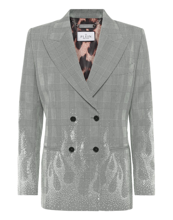 Philipp Plein Checkered Gold Fit Blazer Flame 灰色格紋水鑽火焰雙排釦西裝外套 女款正面