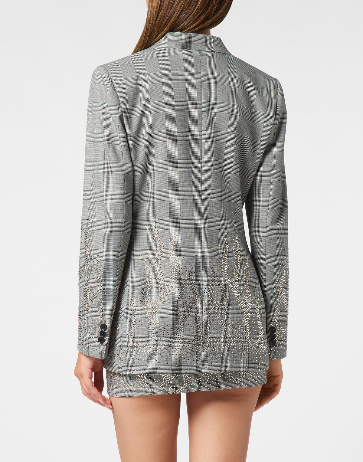 Philipp Plein Blazer Flame 後身下擺銀色水鑽火焰圖案細節特寫