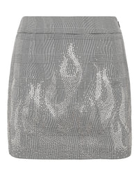 Philipp Plein Checkered Mini Skirt Strass Flame 灰色格紋銀色水鑽對稱火焰迷你短裙 女款正面