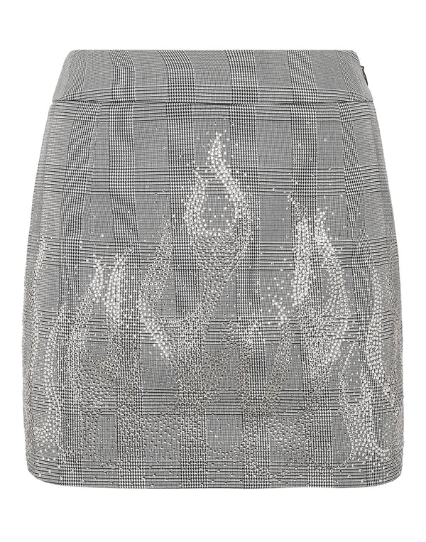 Philipp Plein Checkered Mini Skirt Strass Flame 灰色格紋銀色水鑽對稱火焰迷你短裙 女款正面