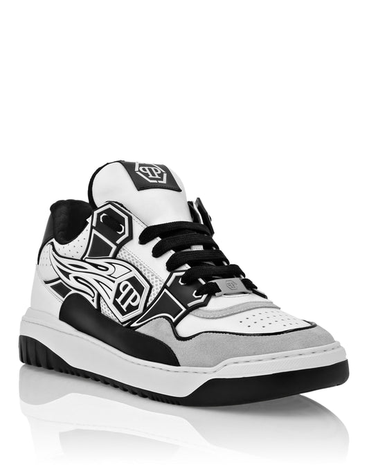 Mix Leather Lo-Top Sneakers Strass Hexagon