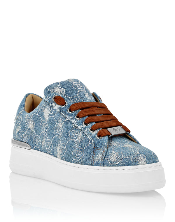 PHILIPP PLEIN Denim Lo Top Sneakers Monogram Strass