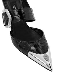Philipp Plein Croco Mule 銀色金屬尖頭與鱷魚壓紋皮革細節展示