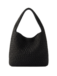 WEAVE 織語 黑色 Neoprene 編織肩背包正面，立體格紋包身與一體編織肩帶