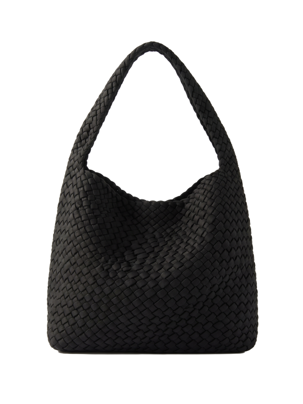 WEAVE 織語 黑色 Neoprene 編織肩背包正面，立體格紋包身與一體編織肩帶